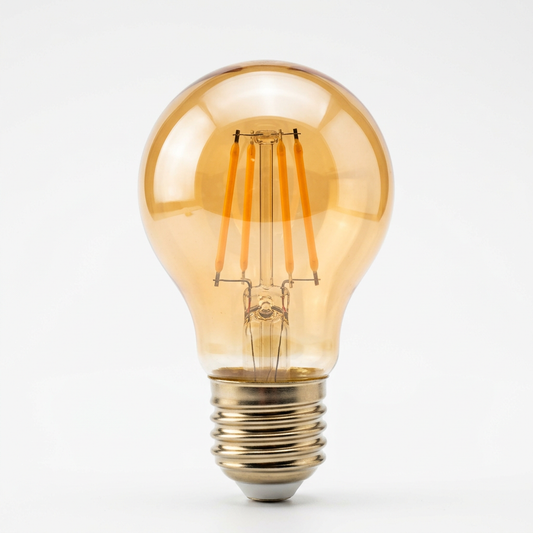 AI-generated illustration of an amber glass bulb with visible filaments and a screw base.