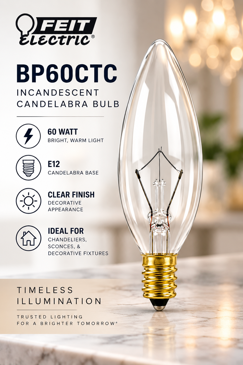 Feit Electric 60W Double Life Candelabra Bulbs, Clear, 12-Pack