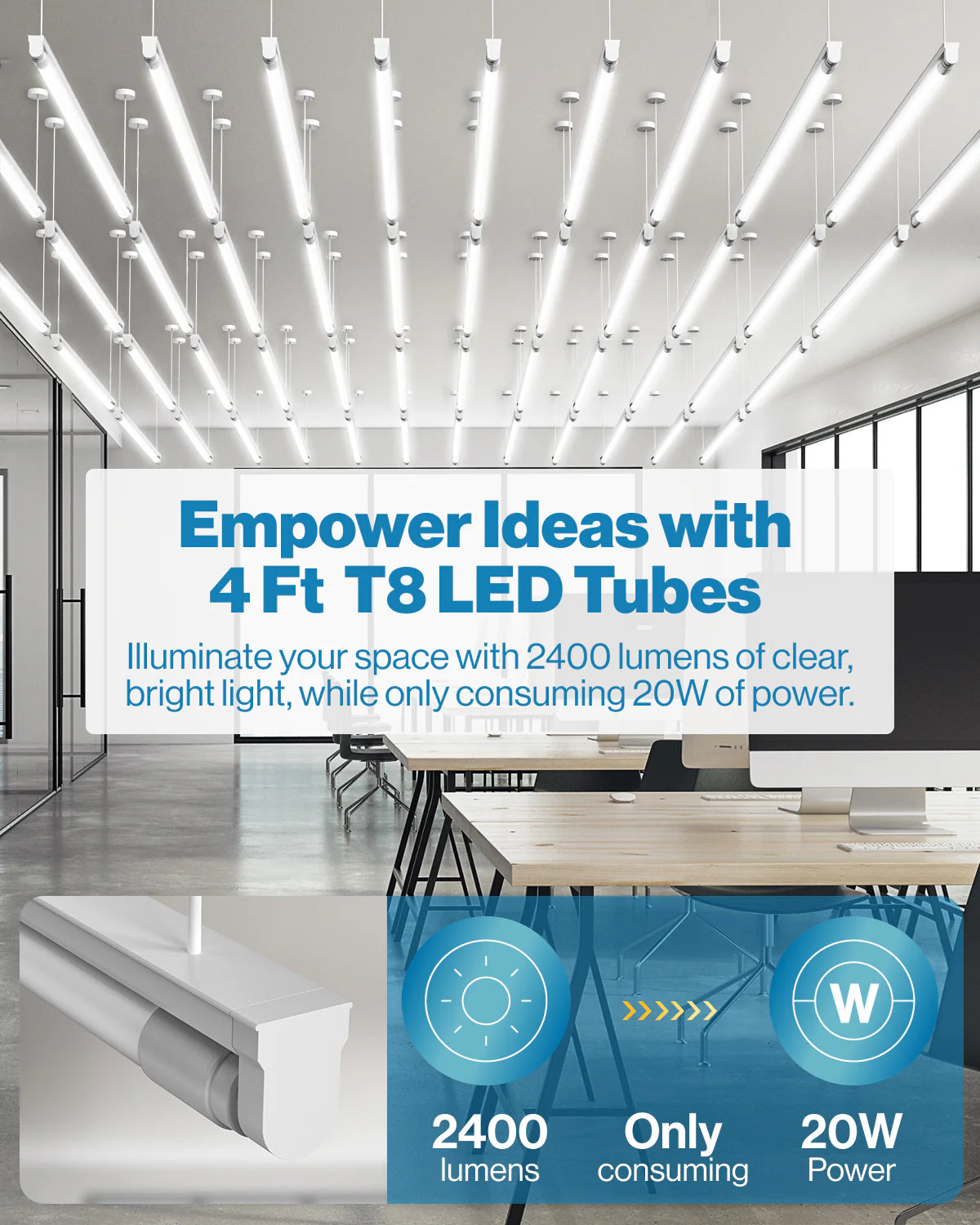 T8 LED Tube, 4ft, Frosted, Plug & Play, Hybrid Type A+B, Single/Double Ended, 20W, 2400 Lumens