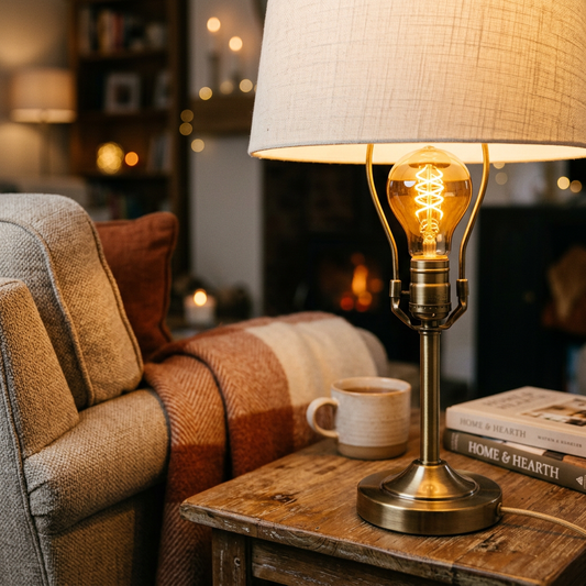AI-generated illustration of an amber bulb glowing in a living room table lamp.